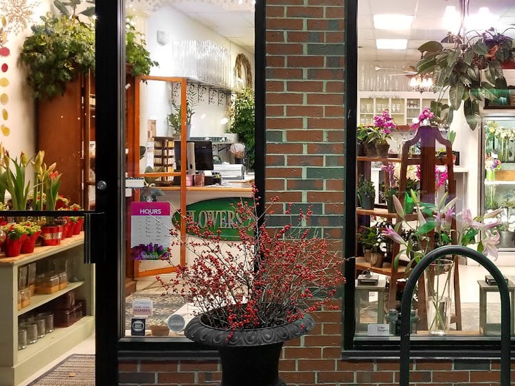 The view from the outside, looking in, at our bright, colorful storefront